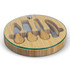A bamboo cheese board with a glass top, featuring four cheese knives and a recessed area for serving.