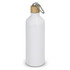 A drink bottle in white aluminium with a bamboo top and metal carabiner.