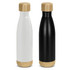 A drink bottle pair in white and black, each featuring a bamboo lid and base, with a sleek, modern design.