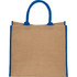 A large jute tote bag in natural brown with blue handles, featuring a logo on the front.