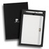 A white notebook with a band and a silver pen, presented in a sleek black gift box with logos.