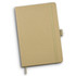 A kraft notebook with a rubber band closure, featuring a beige cover and a bookmark ribbon.