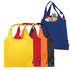 A set of foldable shopper tote bags in yellow, orange, red, black, and blue, featuring a logo on one bag.