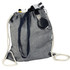 A grey drawstring bag featuring a navy trim and a logo, holding a drink bottle and accessories.