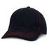 A black cap with red stitching and a curved brim. It features a logo on the front.
