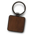 A square key ring with a wood grain design and a metallic clip, featuring a logo on the metallic part.