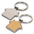 A silver and wooden house-shaped key ring with a keychain loop. The wooden side features a light timber finish.