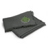 A green throw blanket with a fringed edge and a logo in the corner.