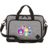 A grey and black laptop briefcase with a shoulder strap and multiple decorative stickers on the front.