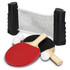 A portable table tennis set featuring black and red paddles, three white balls, and a net with black posts.