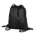 A black drawstring backpack with a cinched top and cords, featuring a logo.