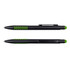 A black stylus pen with green accents and a textured grip, featuring a clip and retractable tip.