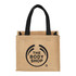 A small brown jute tote bag with black handles and a prominent logo. Ideal for carrying small items.