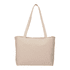 A beige zippered cotton canvas shopper tote with two shoulder straps and a simple design. Features a logo.