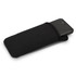 A black phone pouch with a phone partially inserted, featuring a simple design and a logo.