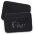 A black laptop sleeve featuring a logo on the front, with a smooth zip closure and a sleek design.