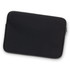 A black laptop sleeve with a zip closure and a smooth exterior, featuring a subtle logo.