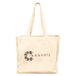 A cream-coloured reusable grocery tote bag with a logo on the front and two large handles.