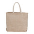 A herringbone patterned jute tote bag in beige with light cream handles. It features a logo on the front.