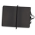A black notebook with blank pages, featuring a ribbon bookmark and cover. It has a logo on the front.