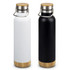 A drink bottle set featuring a white and a black vacuum bottle, both with bamboo lids and metal handles.