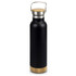 A drink bottle in black with a bamboo base and a metal cap, featuring a handle for easy carrying.