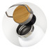 A drink bottle featuring a stainless steel body and a bamboo lid, showcasing an open spout.