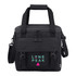 A black cooler bag with a front flap and adjustable shoulder strap, featuring a logo on the front.