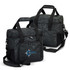A black and grey camouflage cooler bag with shoulder straps and a front pocket. Contains a logo.
