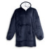 A navy blue blanket hoodie featuring a soft interior and a large front pocket, designed for comfort and warmth.