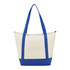 A cream and blue non-woven tote cooler bag with two blue handles and a zip closure. It has a logo on one side.