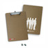 A brown clipboard featuring a silver clip, with a silhouette graphic on one side and a logo.