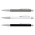 A set of three metal pens in black, white, and grey, each with a silver clip and tip.