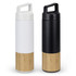 A drink bottle pair featuring a sleek white and black design with a bamboo lower section and a convenient handle.