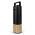 A drink bottle featuring a black top section and a bamboo lower section, with a sturdy handle and a logo.