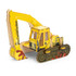 A yellow and green wooden model of an excavator, featuring construction branding and movable parts.