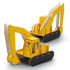 A yellow wooden model of an excavator with black tracks and an intricate design. It has a logo on the side.
