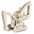 A wooden excavator model with intricate details, featuring a light wood finish and movable parts. It has a logo on one side.