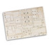 A wooden model kit featuring bulldozer parts, including tracks and body components, on a light wooden background.