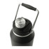 A drink bottle in matte black with a stainless steel lid and handle, featuring a logo on the body.