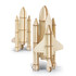 A wooden model of a rocket ship featuring natural wood finish and intricate details. Includes multiple rocket designs.