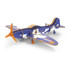 A wooden model airplane in blue and orange with a propeller and detailed design, featuring a branding logo.