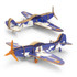 A wooden model aircraft in blue and orange, featuring detailed designs and a propeller. It includes a logo.