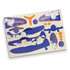 A wooden model kit featuring blue aircraft parts, including wings, a propeller, and fuselage, laid out on a board.