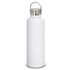 A drink bottle in matte white finish with a stainless steel cap and a carrying handle, featuring a logo.