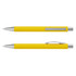 A yellow soft-touch pen with silver accents and a clip. The pen is displayed from two angles.