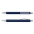 A navy blue soft-touch pen with silver accents and a clip, featuring a sleek, modern design.