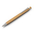A wooden pen with a sleek silver clip and tip, showcasing a natural wood finish. The pen includes branding.
