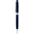 A navy blue metal ballpoint pen with silver accents and a clip, featuring a logo.