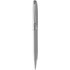 A silver metal ballpoint pen with a clip and sleek design, featuring a logo on its body.